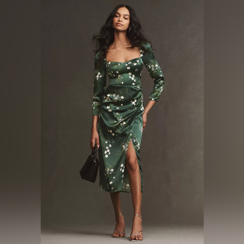 NWT Reformation Gloriana Silk Long Sleeved Midi Dress in Buena (Green Floral) 2